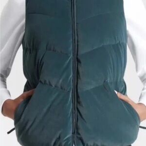 Athleta Lofty Velvet Down Puffer Vest in a dark green/teal. Women’s size M